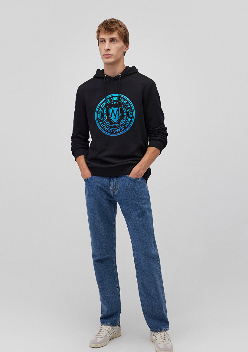 Mühür Logo Baskılı Kapüşonlu Siyah Sweatshirt - 0