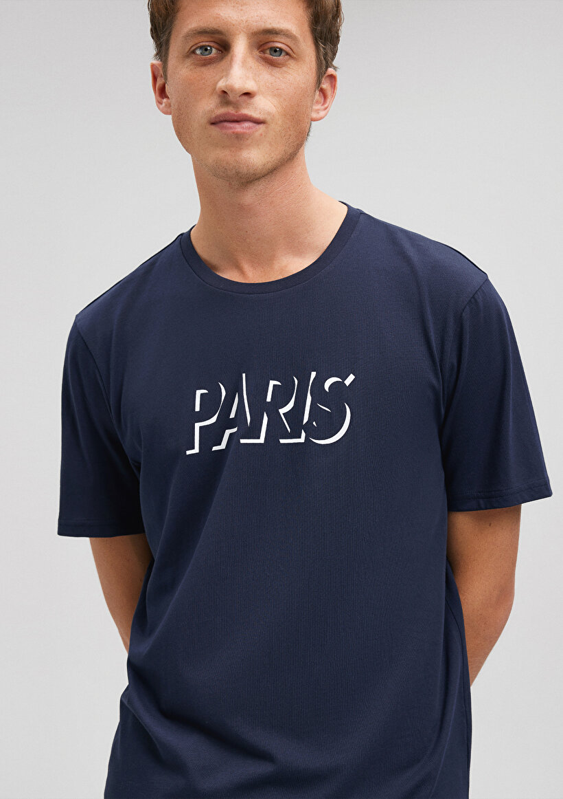 Paris Baskılı Lacivert Tişört - 0