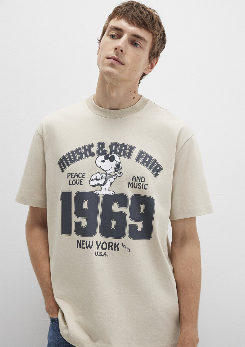 Snoopy Baskılı Bej Tişört - 0