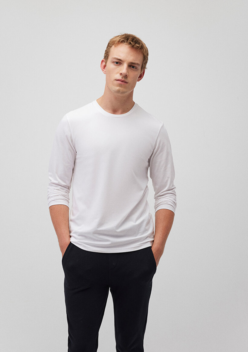 Uzun Kollu Beyaz Basic Tişört - 0