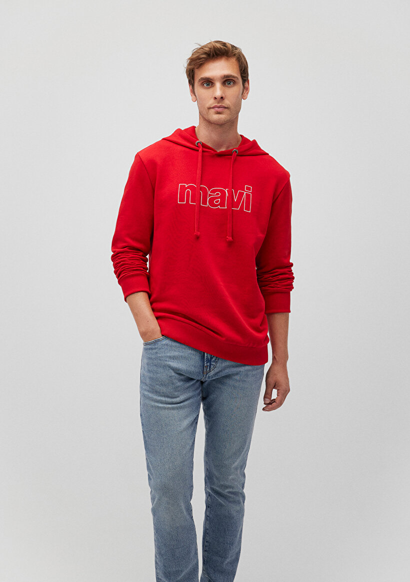 Mavi Logo Baskılı Kapüşonlu Kırmızı Sweatshirt_0