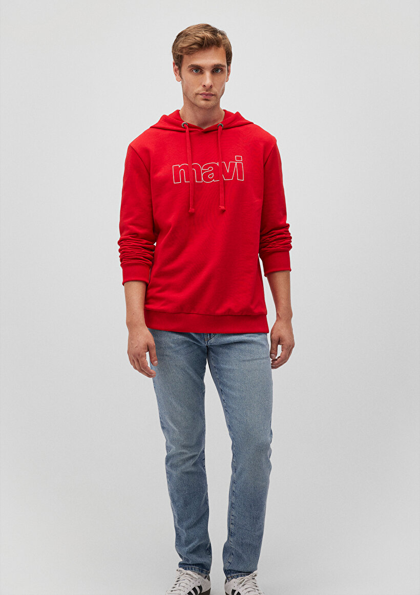 Mavi Logo Baskılı Kapüşonlu Kırmızı Sweatshirt_1