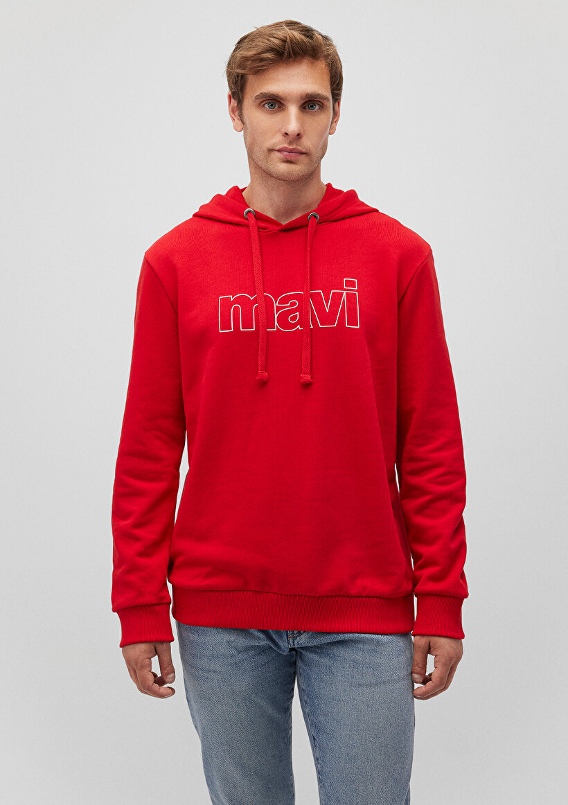 Mavi Logo Baskılı Kapüşonlu Kırmızı Sweatshirt_2