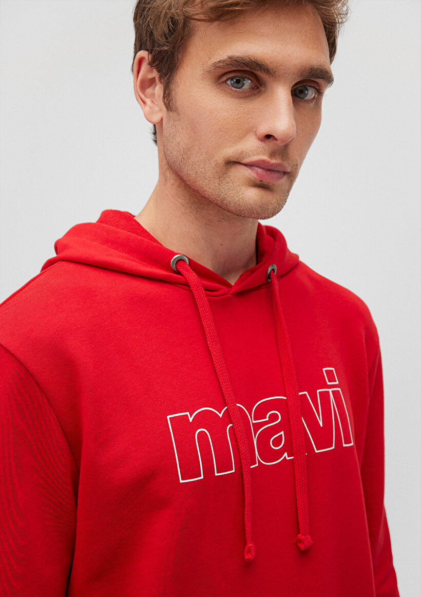 Mavi Logo Baskılı Kapüşonlu Kırmızı Sweatshirt_4