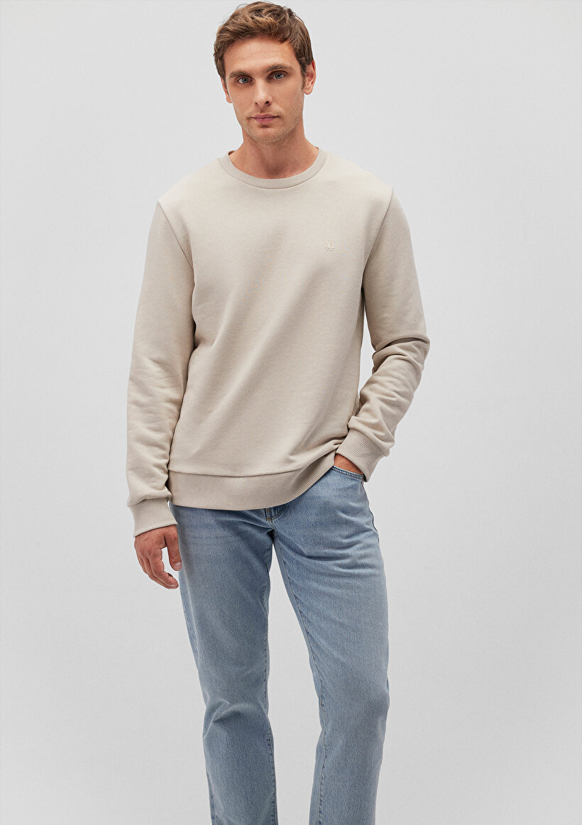 Bisiklet Yaka Bej Basic Sweatshirt