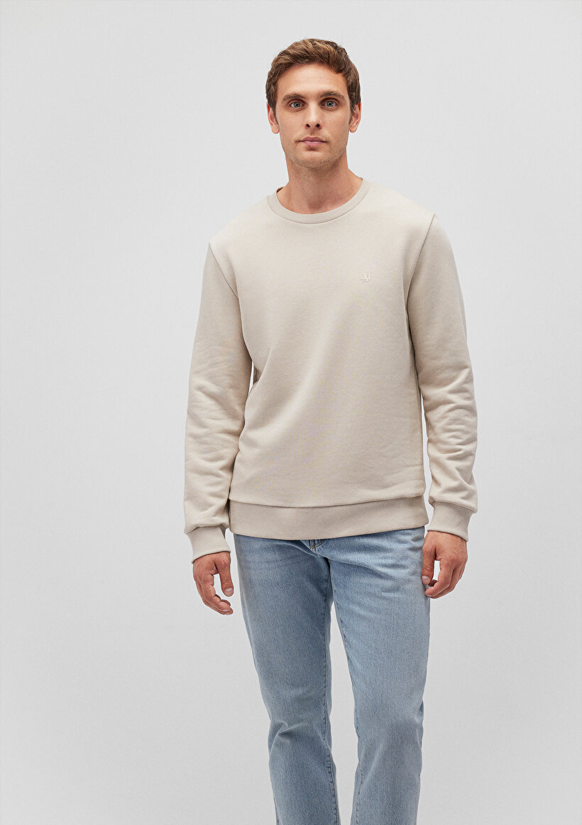 Bisiklet Yaka Bej Basic Sweatshirt_1