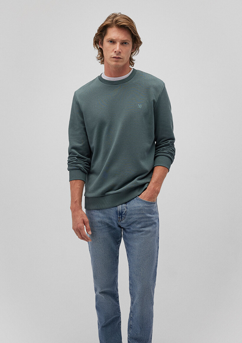 Bisiklet Yaka Yeşil Basic Sweatshirt