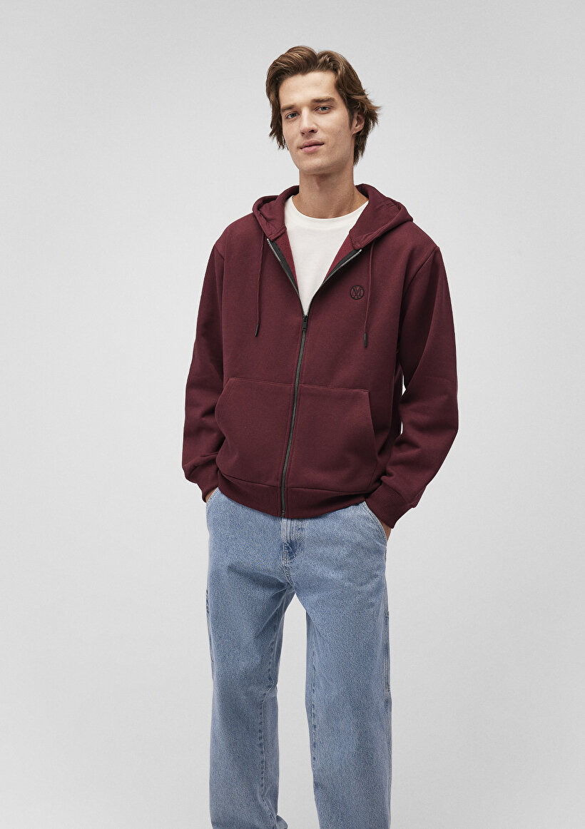 Kapüşonlu Fermuarlı Bordo Basic Sweatshirt - 0