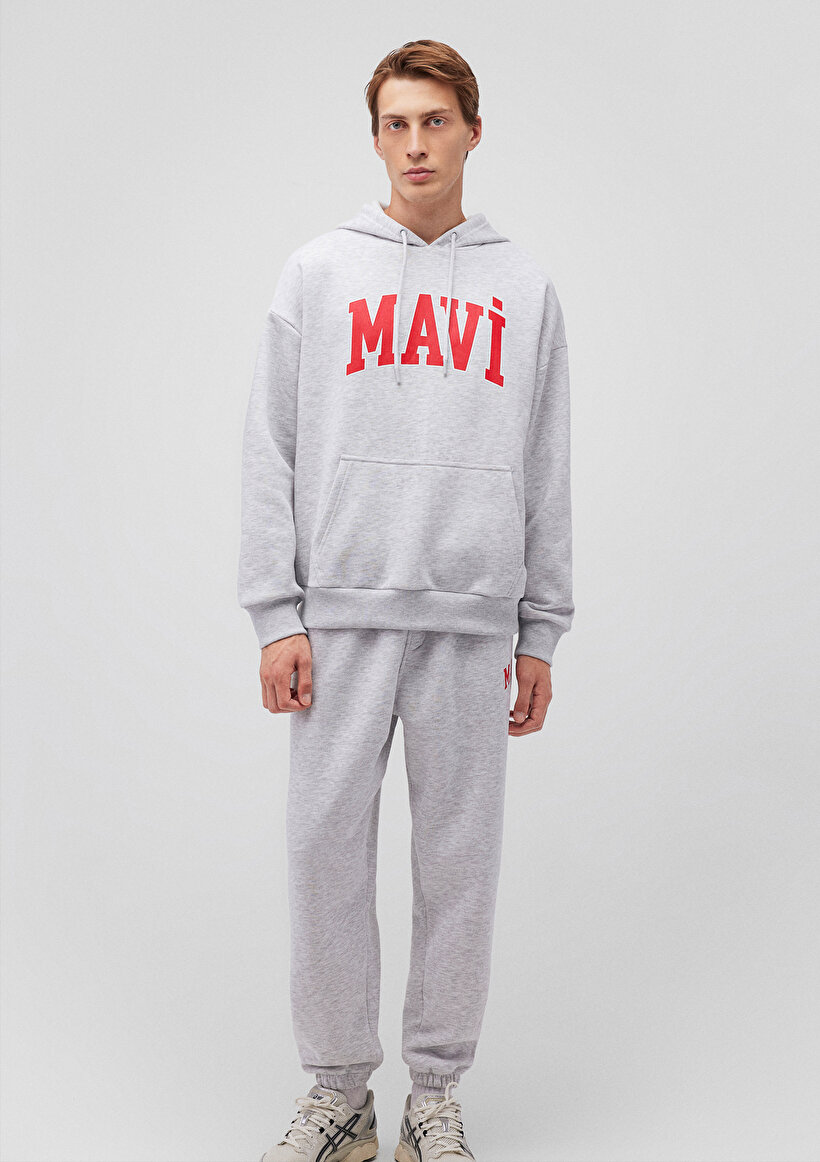 Mavi Logo Baskılı Kapüşonlu Gri Sweatshirt_0