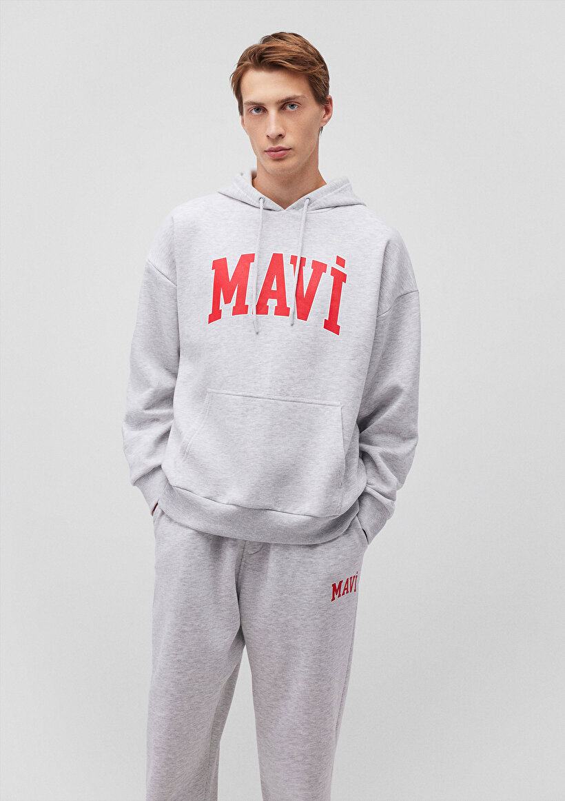 Mavi Logo Baskılı Kapüşonlu Gri Sweatshirt_1