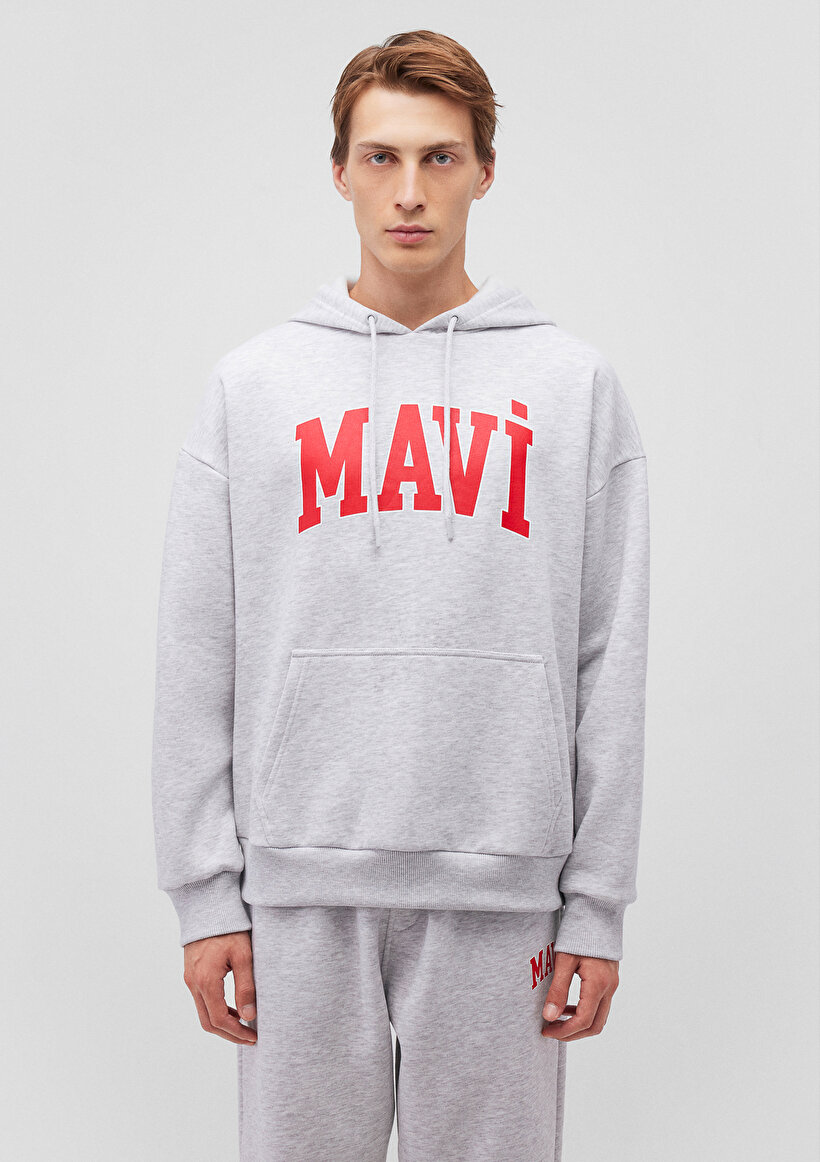 Mavi Logo Baskılı Kapüşonlu Gri Sweatshirt_2