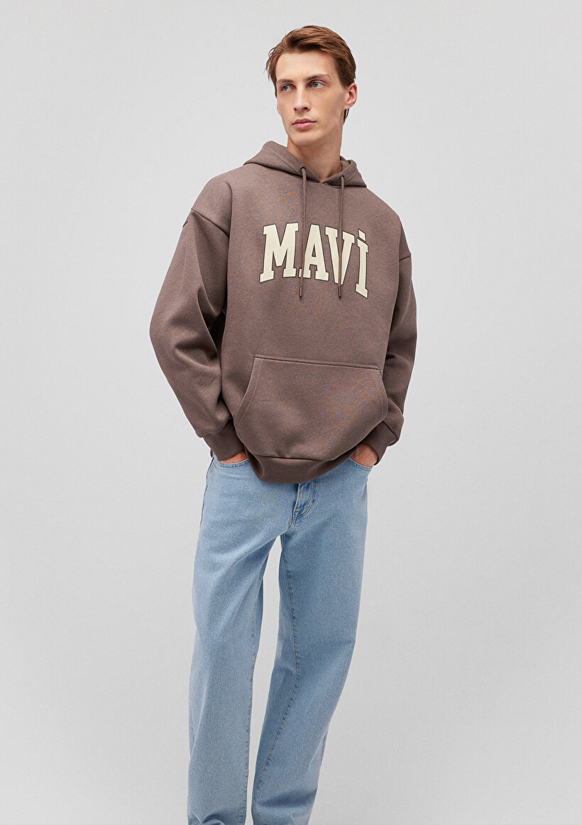 Mavi Logo Baskılı Kapüşonlu Kahverengi Sweatshirt_0