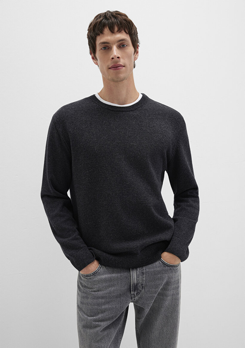 Erkek Yün Karışımlı Antrasit Kazak