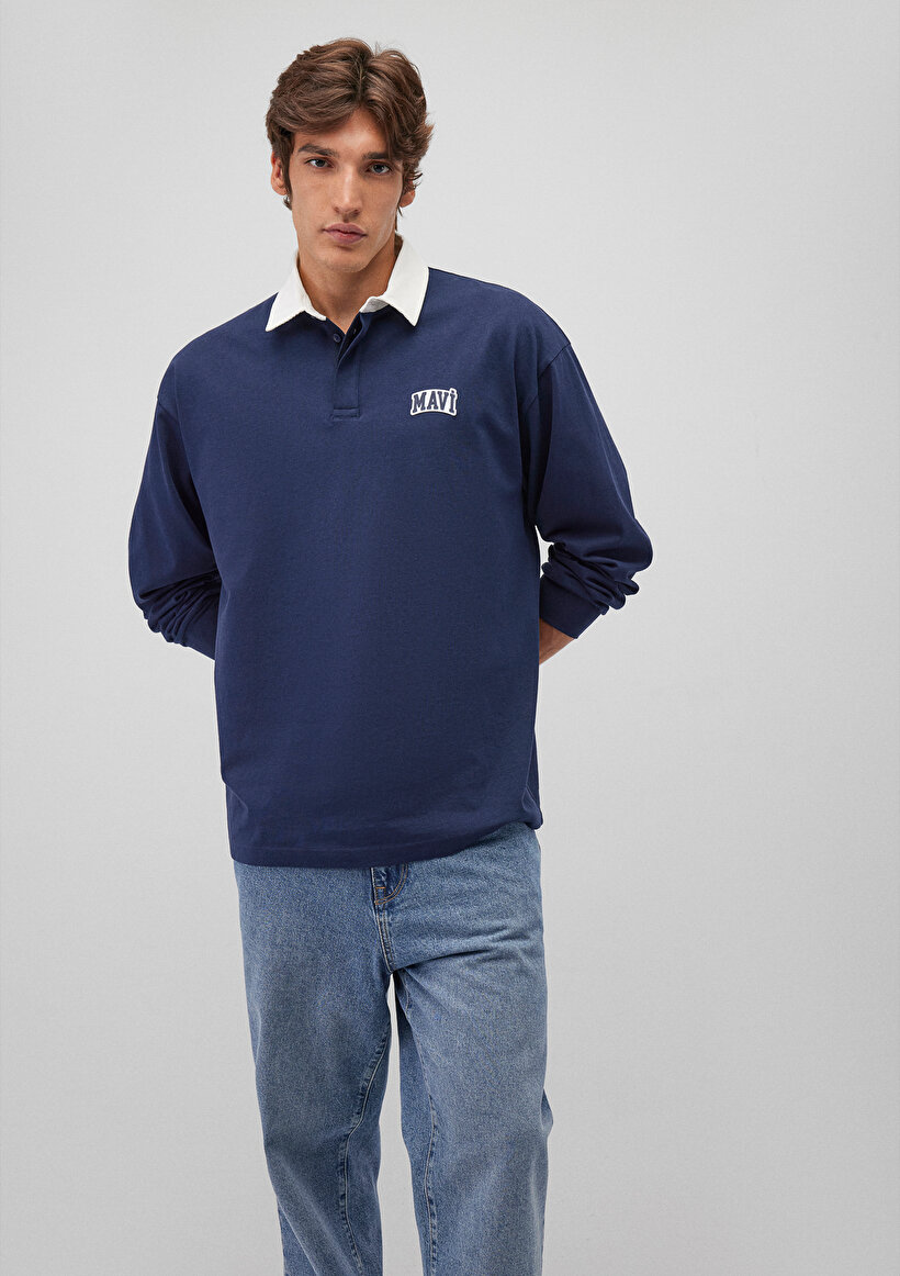 Mavi Logo Baskılı Lacivert Polo Sweatshirt_1