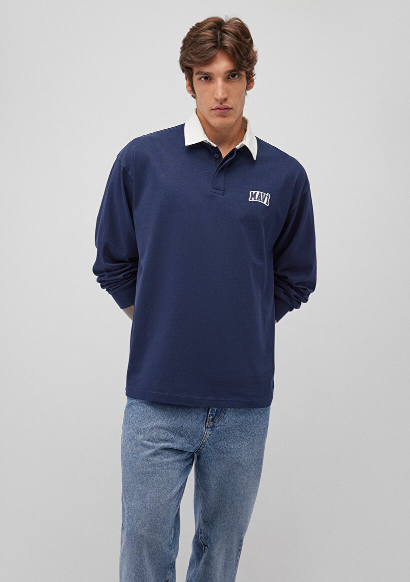 Mavi Logo Baskılı Lacivert Polo Sweatshirt_2