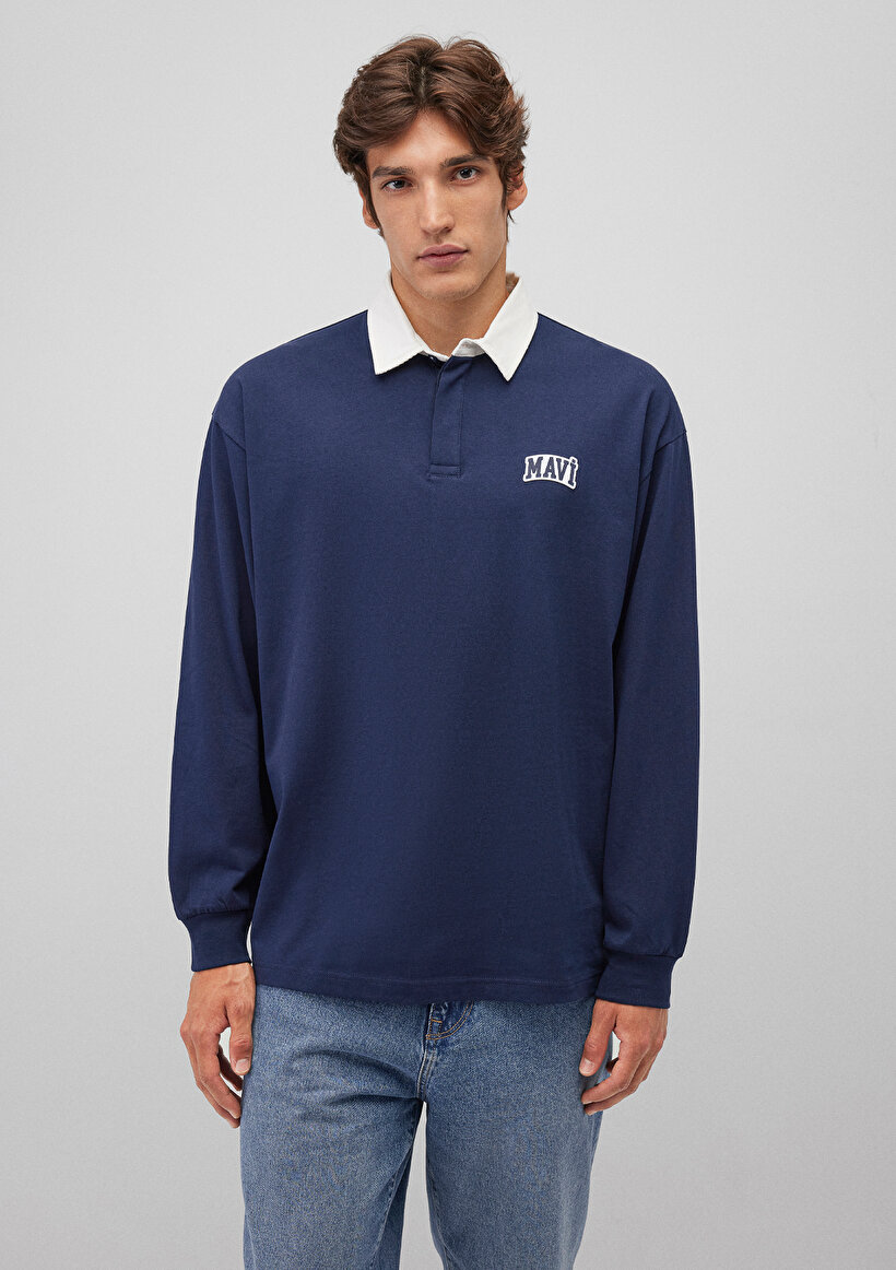 Mavi Logo Baskılı Lacivert Polo Sweatshirt_3