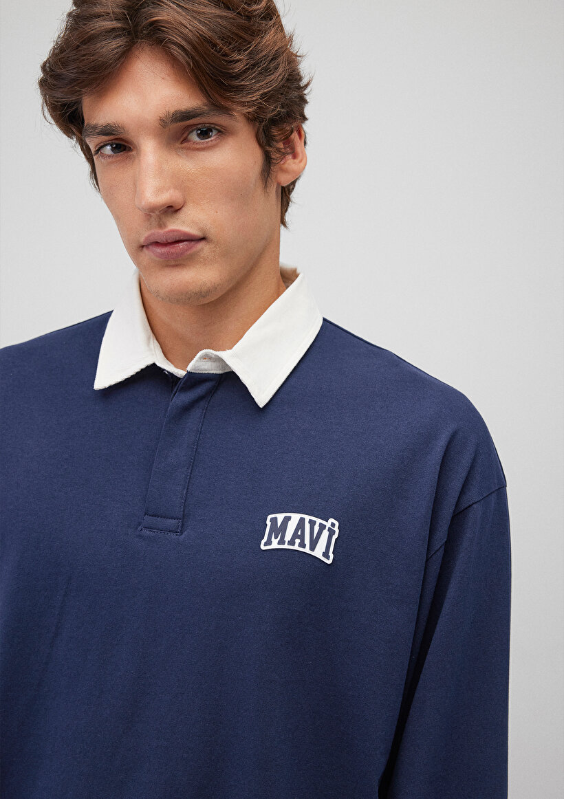 Mavi Logo Baskılı Lacivert Polo Sweatshirt_5