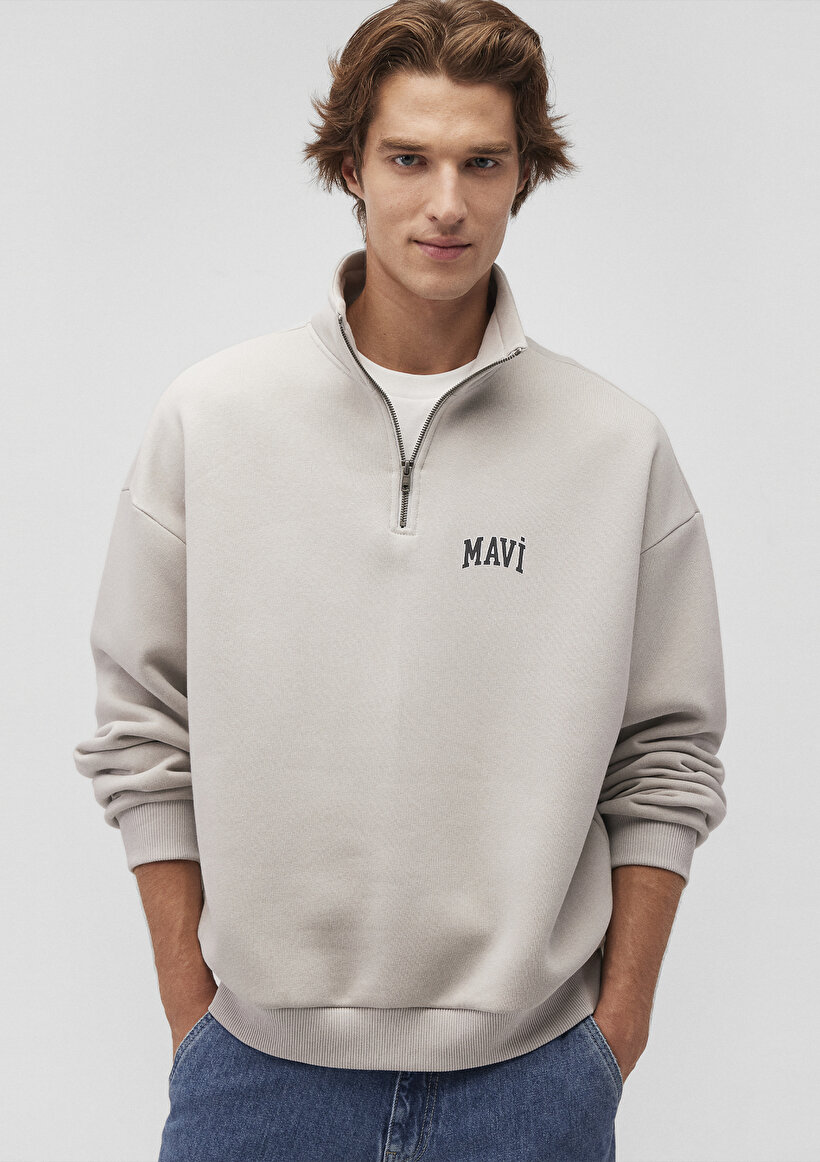 Mavi Logo Baskılı Yarı Fermuarlı Gri Sweatshirt