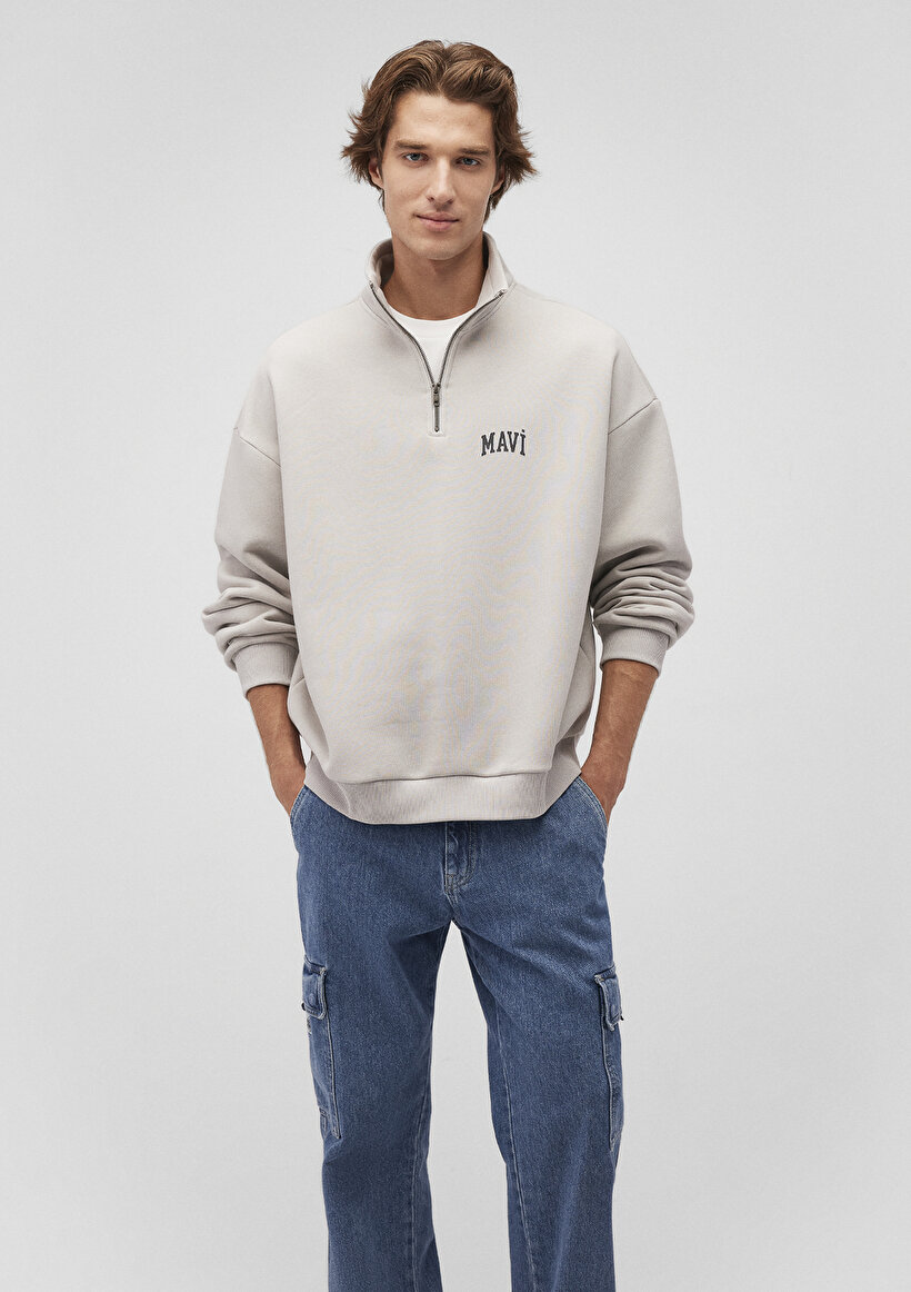 Mavi Logo Baskılı Yarı Fermuarlı Gri Sweatshirt_2