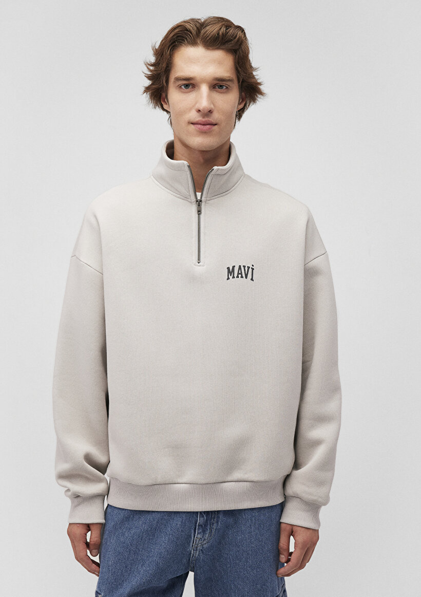 Mavi Logo Baskılı Yarı Fermuarlı Gri Sweatshirt_3