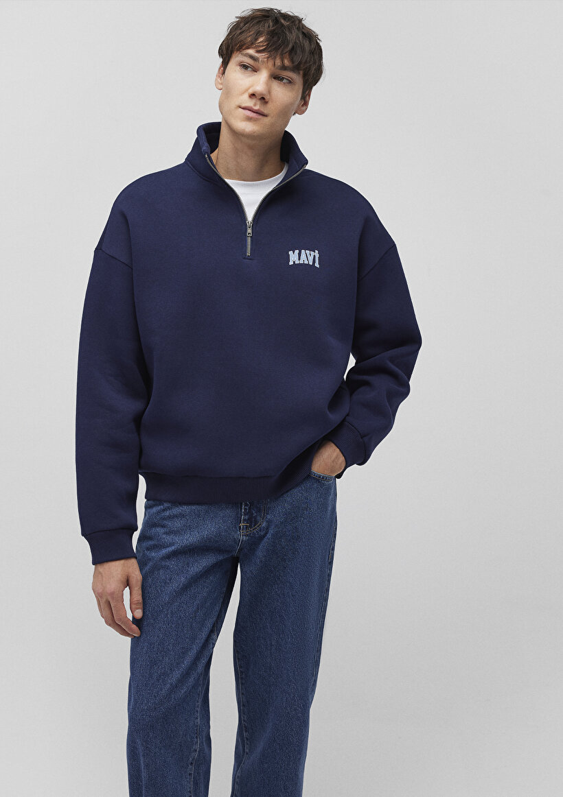 Mavi Logo Baskılı Yarı Fermuarlı Lacivert Sweatshirt_1