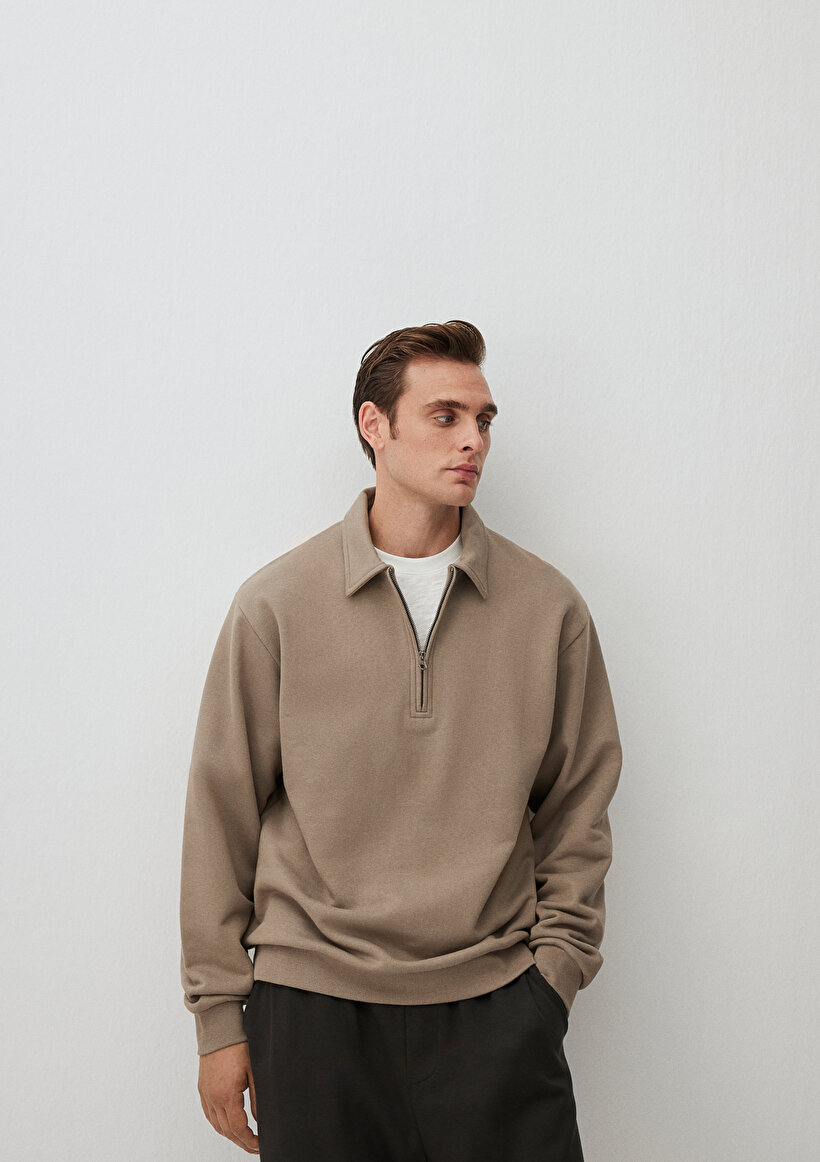 Yarı Fermuarlı Kahverengi Basic Sweatshirt