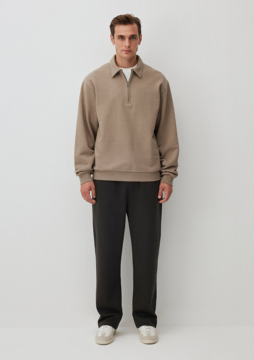 Yarı Fermuarlı Kahverengi Basic Sweatshirt_1