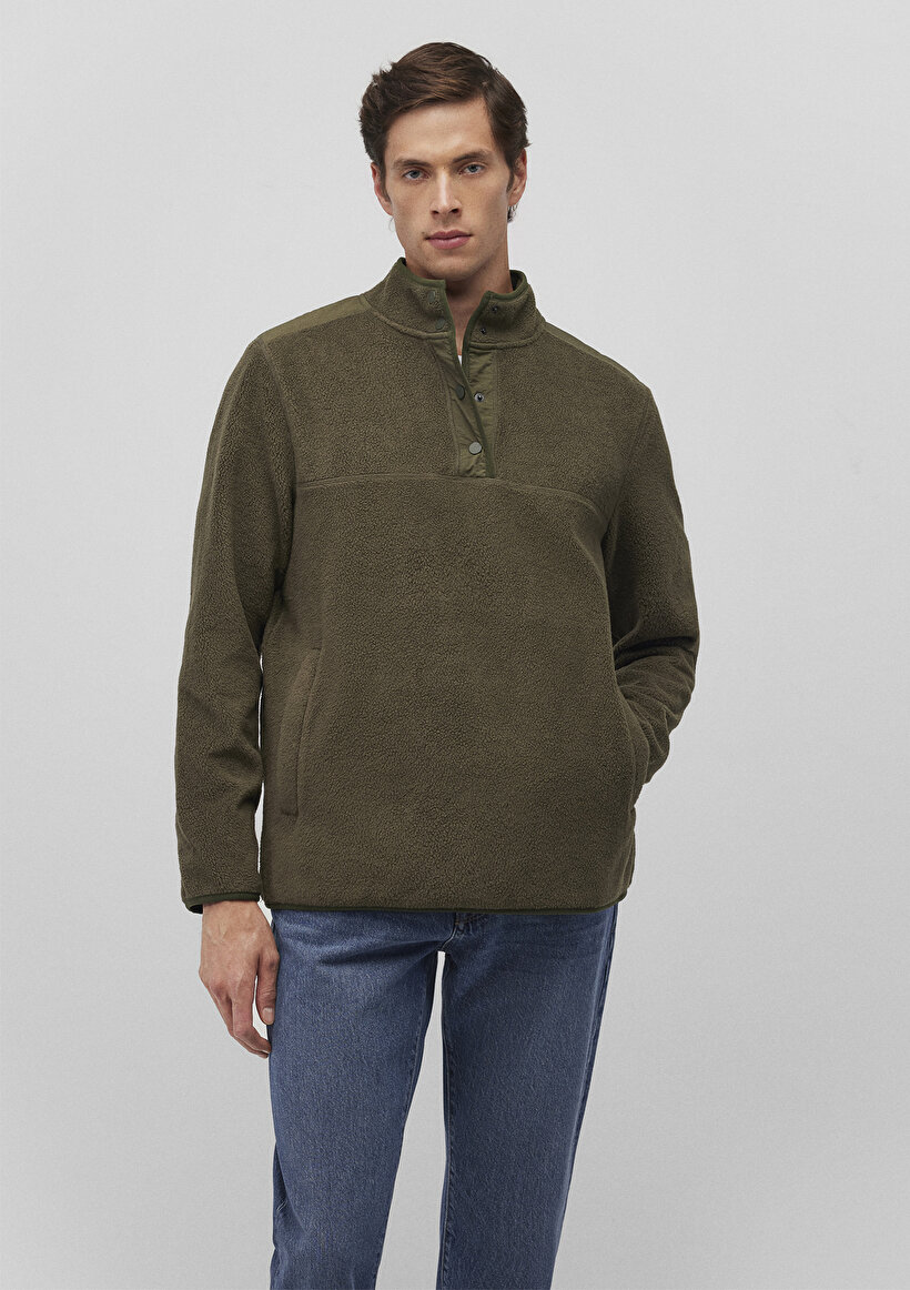 Düğme Detaylı Haki Sherpa Sweatshirt_1