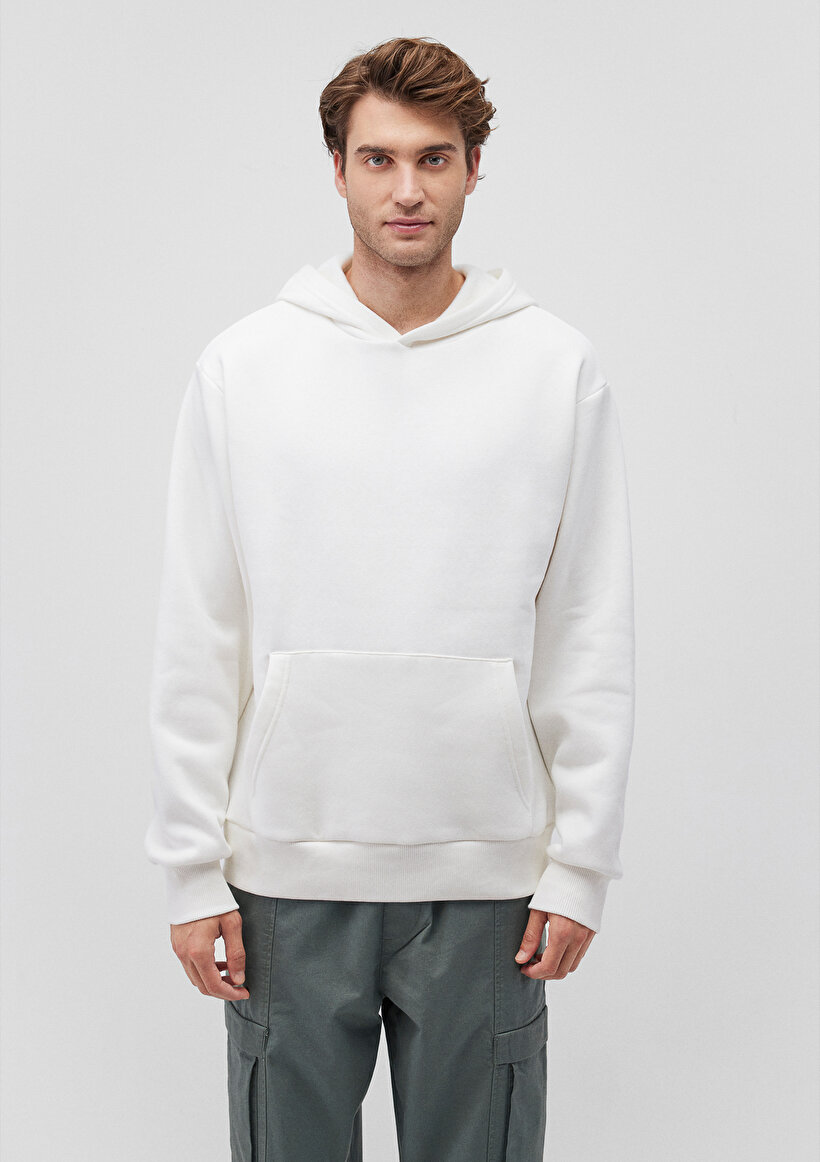 Kapüşonlu Beyaz Basic Sweatshirt_1