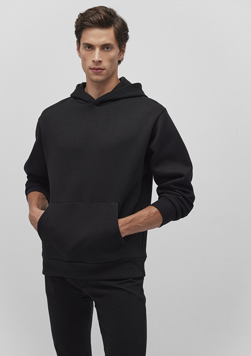 Kapüşonlu Siyah Basic Sweatshirt_1