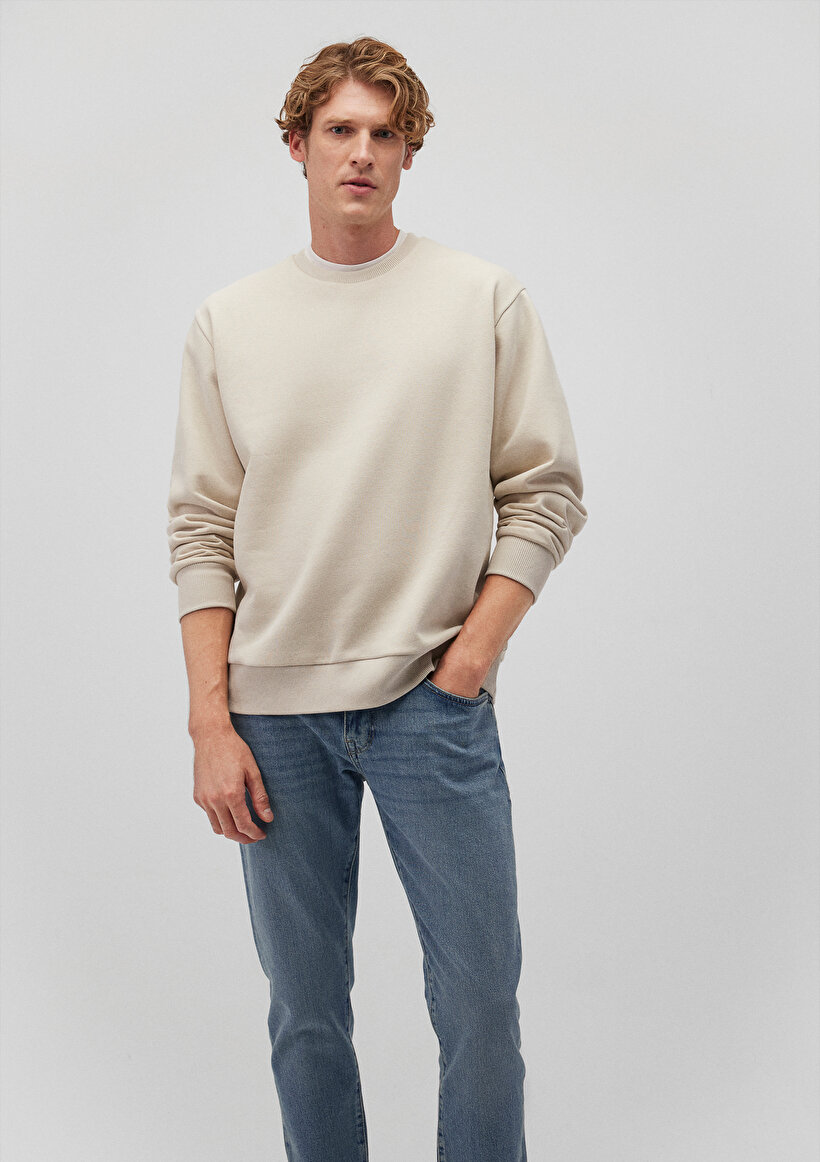 Bisiklet Yaka Bej Basic Sweatshirt