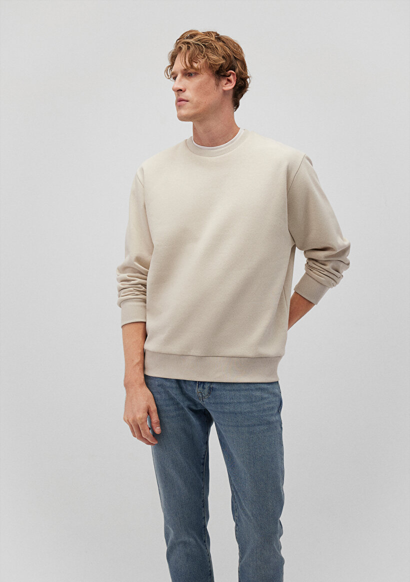 Bisiklet Yaka Bej Basic Sweatshirt_1