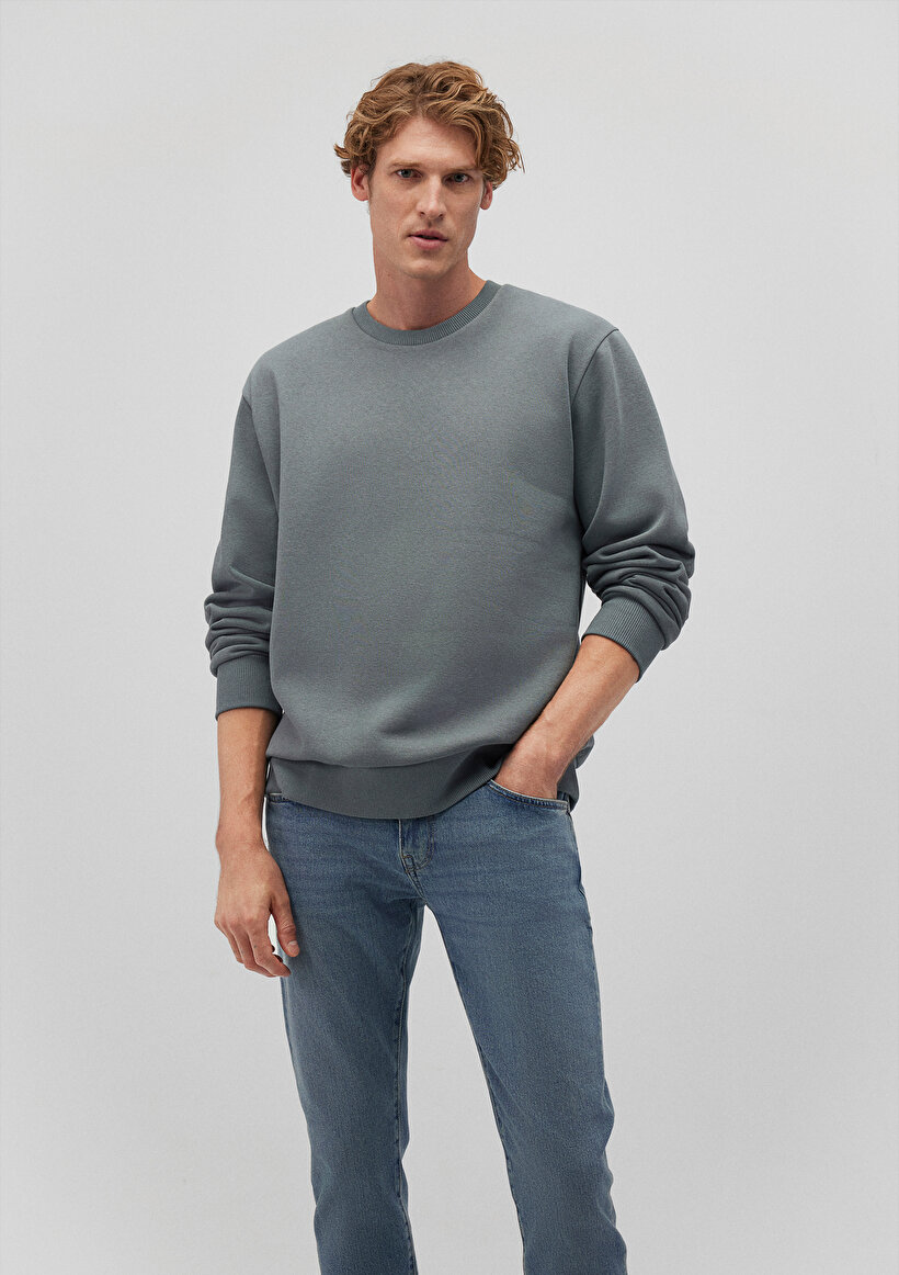 Bisiklet Yaka Yeşil Basic Sweatshirt