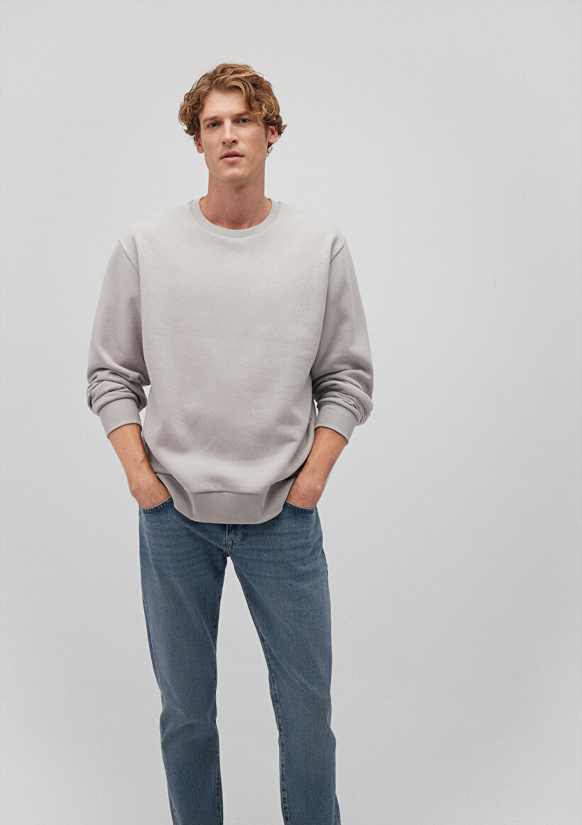 Bisiklet Yaka Gri Basic Sweatshirt