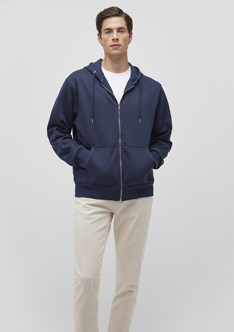 Kapüşonlu Fermuarlı Lacivert Basic Sweatshirt