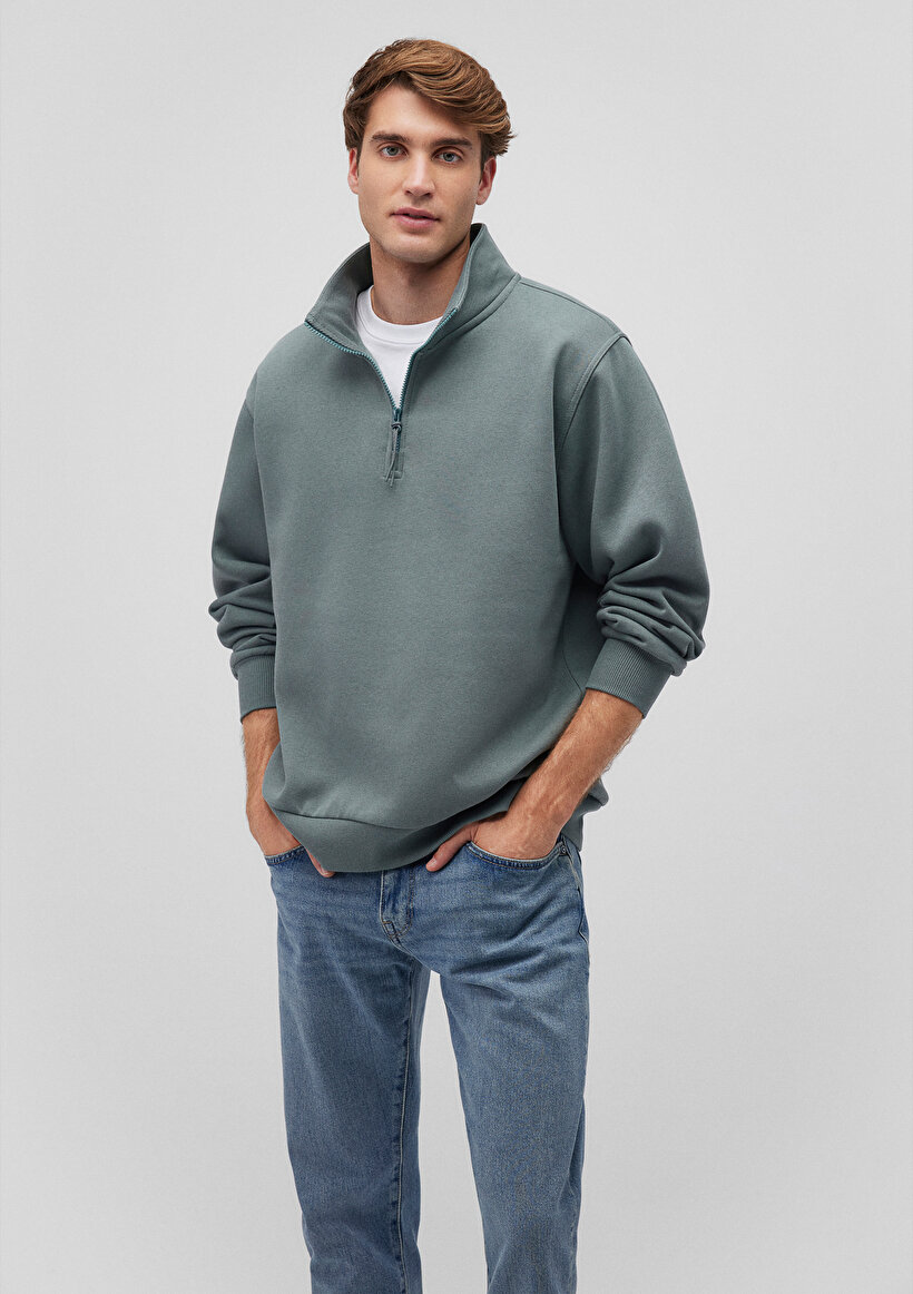 Yarı Fermuarlı Yeşil Basic Sweatshirt_0