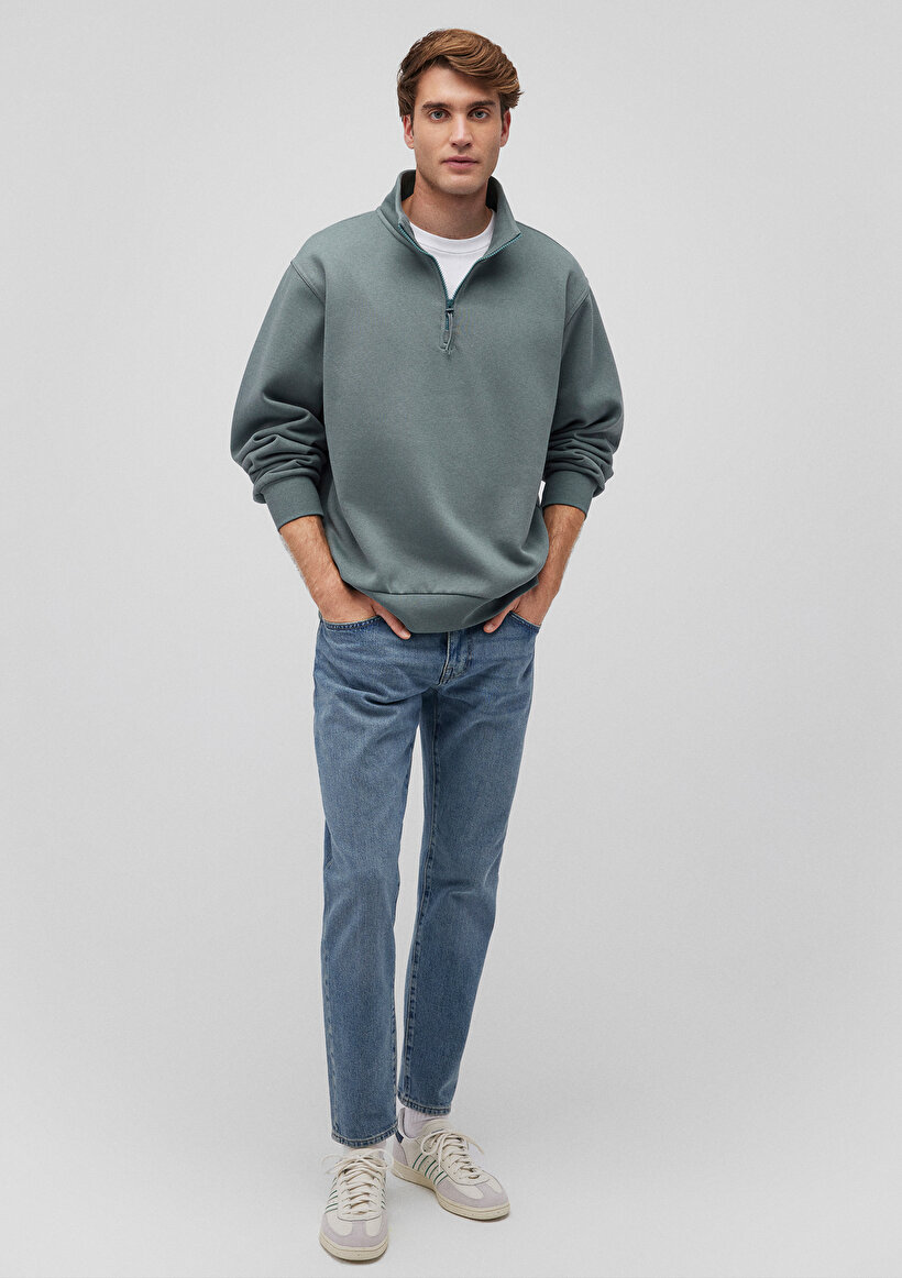 Yarı Fermuarlı Yeşil Basic Sweatshirt_1