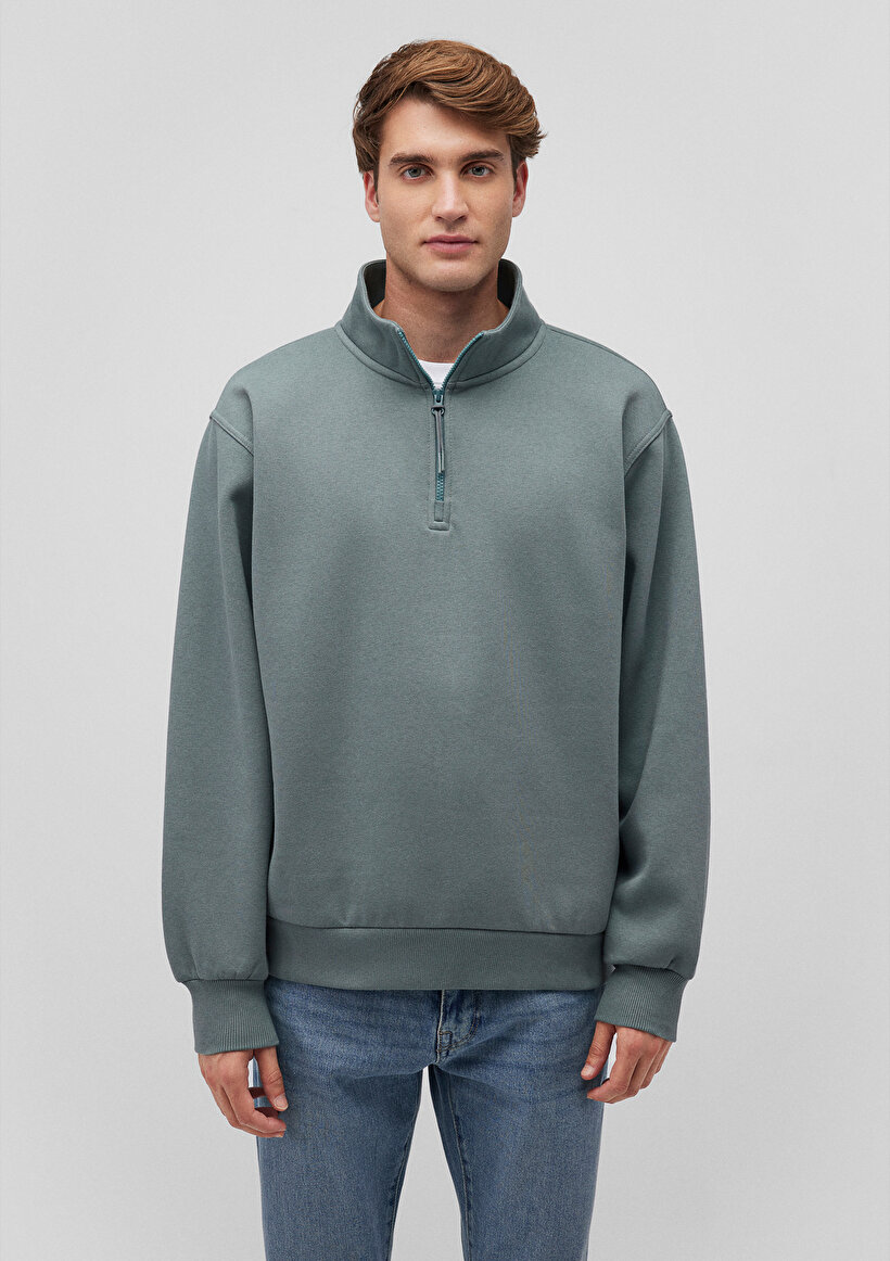 Yarı Fermuarlı Yeşil Basic Sweatshirt_2