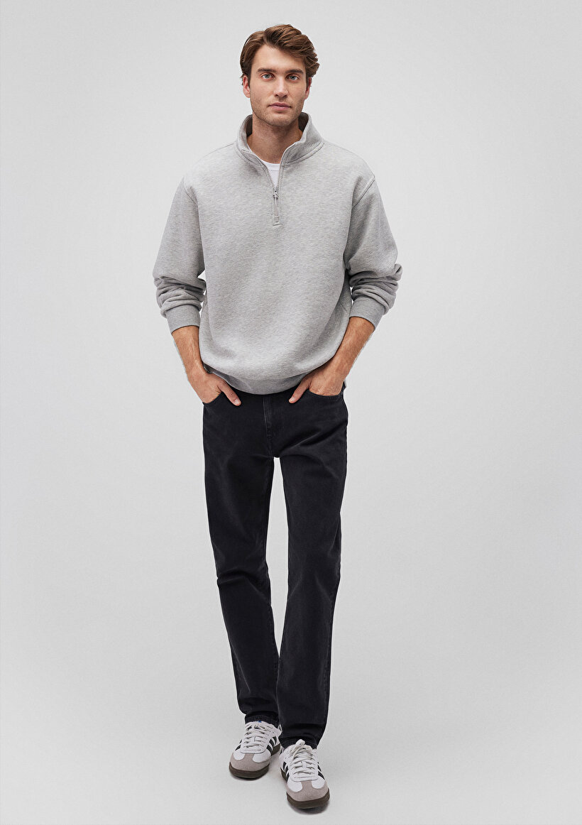 Yarı Fermuarlı Gri Basic Sweatshirt_0