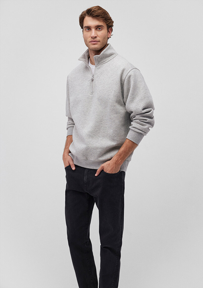 Yarı Fermuarlı Gri Basic Sweatshirt_1