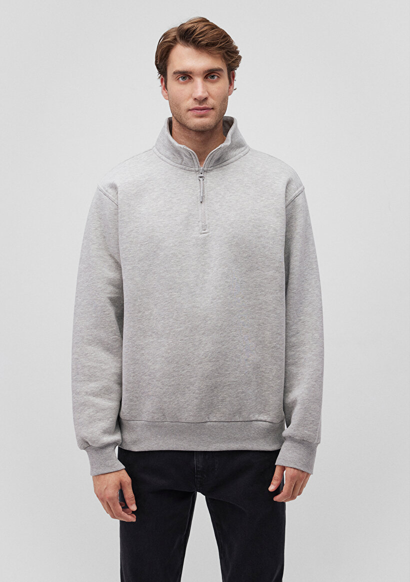 Yarı Fermuarlı Gri Basic Sweatshirt_2