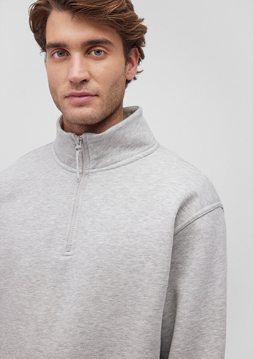 Yarı Fermuarlı Gri Basic Sweatshirt_4