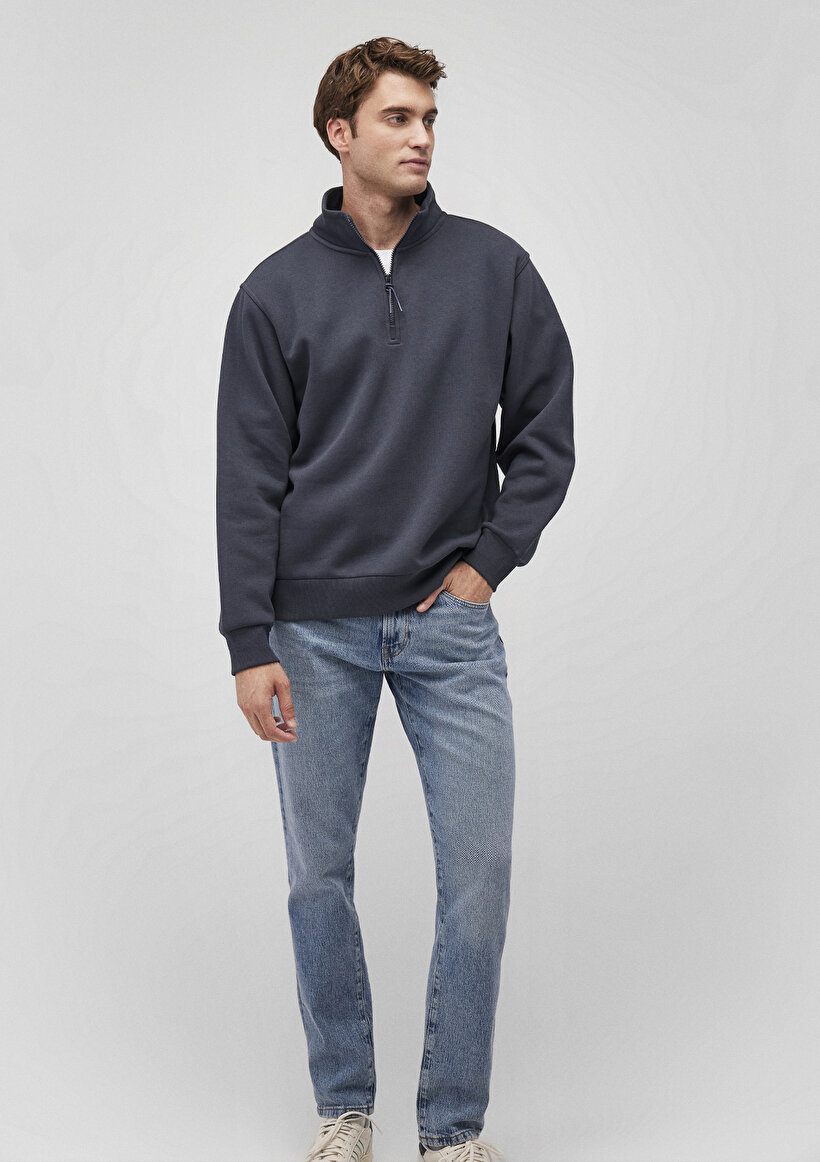 Yarı Fermuarlı Lacivert Basic Sweatshirt - 0