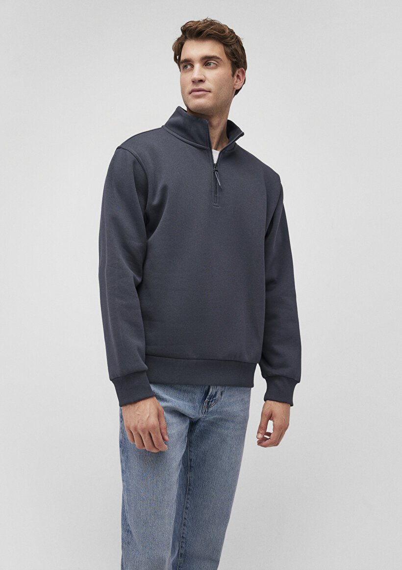 Yarı Fermuarlı Lacivert Basic Sweatshirt_1