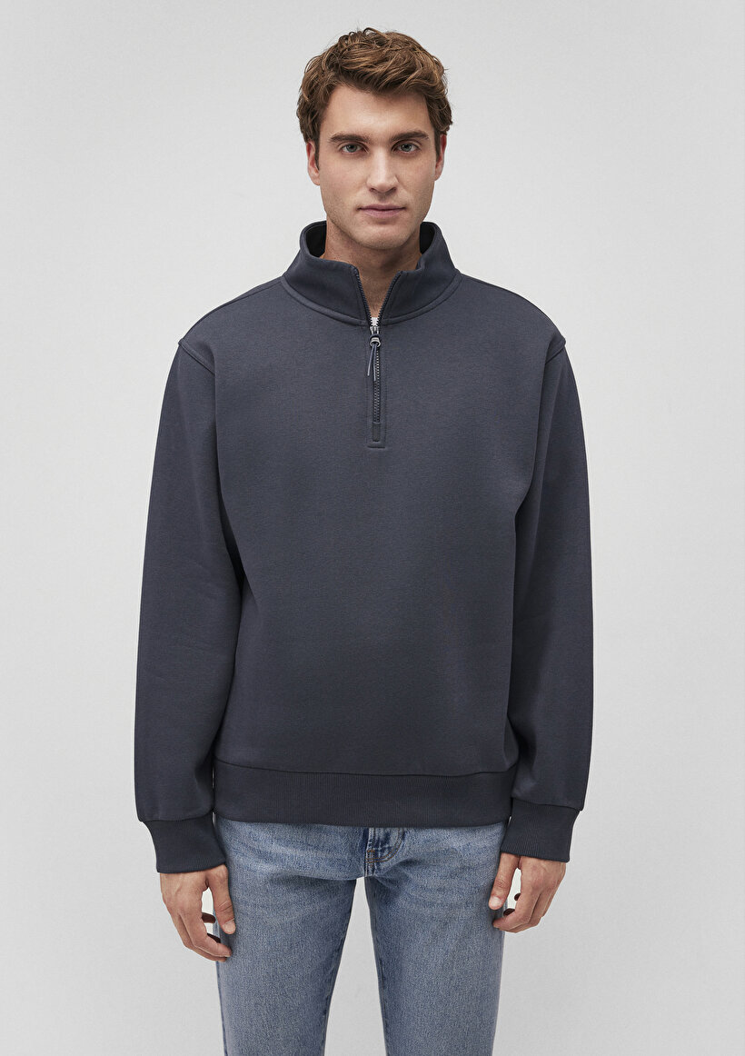 Yarı Fermuarlı Lacivert Basic Sweatshirt_2