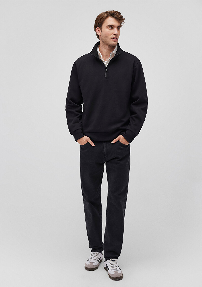 Yarı Fermuarlı Siyah Basic Sweatshirt