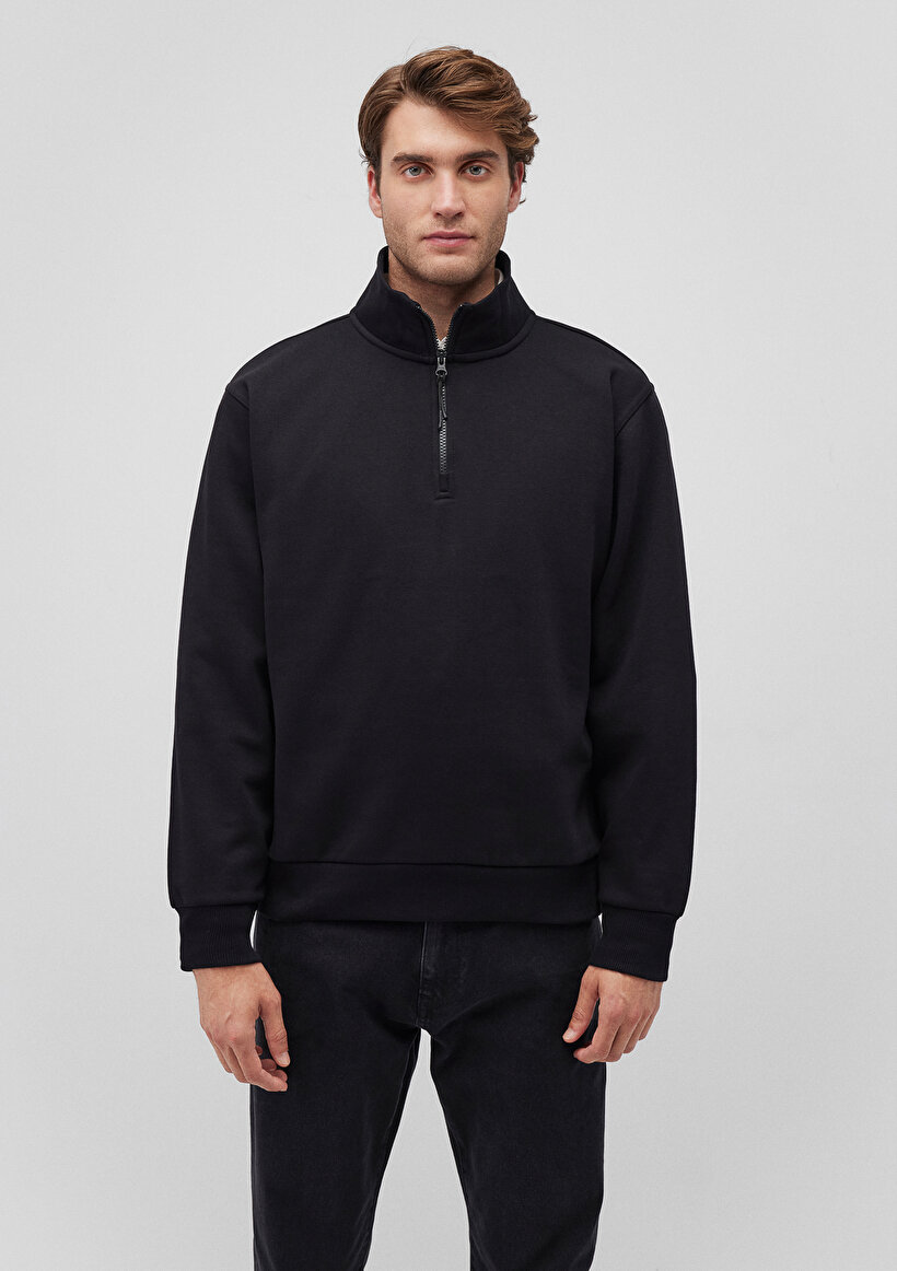 Yarı Fermuarlı Siyah Basic Sweatshirt_2