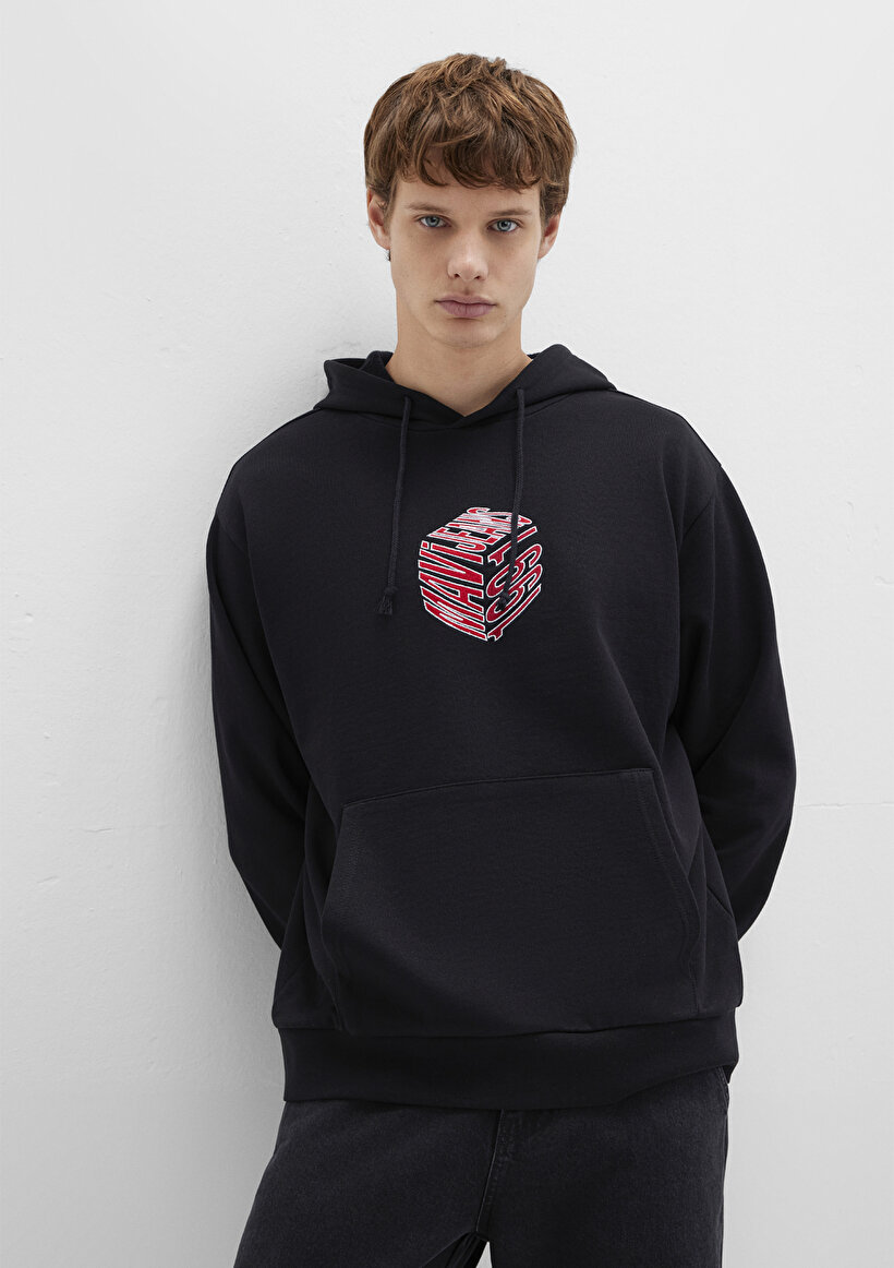 Mavi Baskılı Kapüşonlu Siyah Sweatshirt - 0