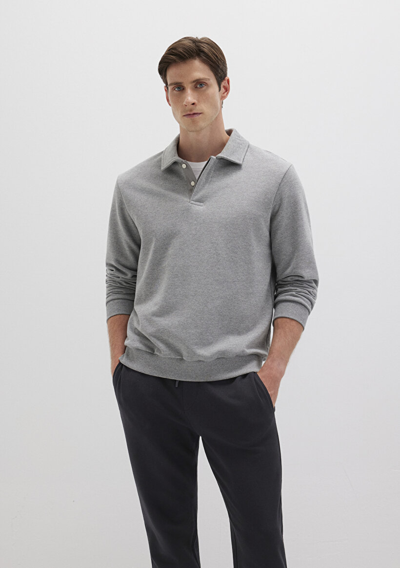 Polo Yaka Gri Sweatshirt - 0