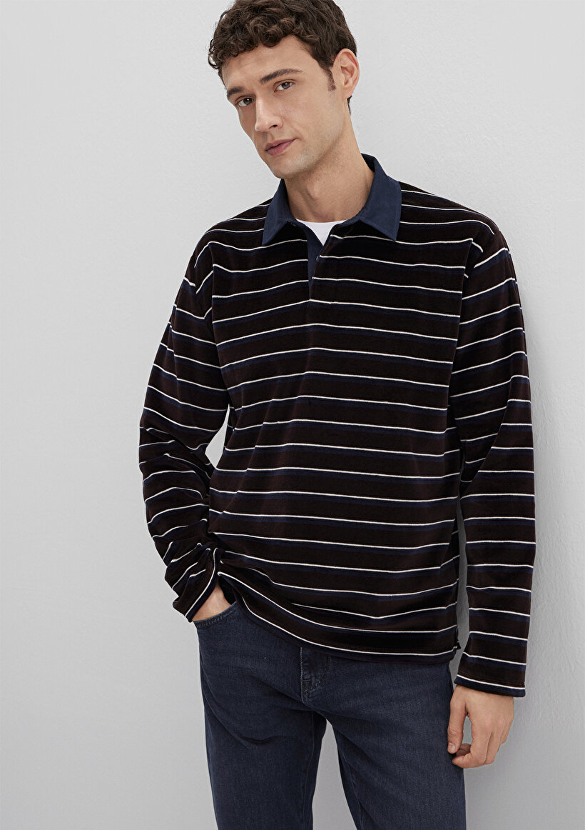 Polo Yaka Çizgili Kadife Sweatshirt - 0